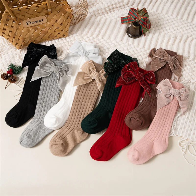 Calze al ginocchio per neonate autunno inverno bambini Big Bow Long Soft Christmas Sparkly Sock Cotton Red Children Socken per 0-8 anni