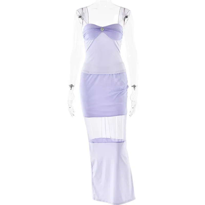 Sexy Skirt Two Piece Set Women 2024 New Fashion Square Collar Sleeveless Tops And Skirt Femme Sheer Patchwork Skirt Set