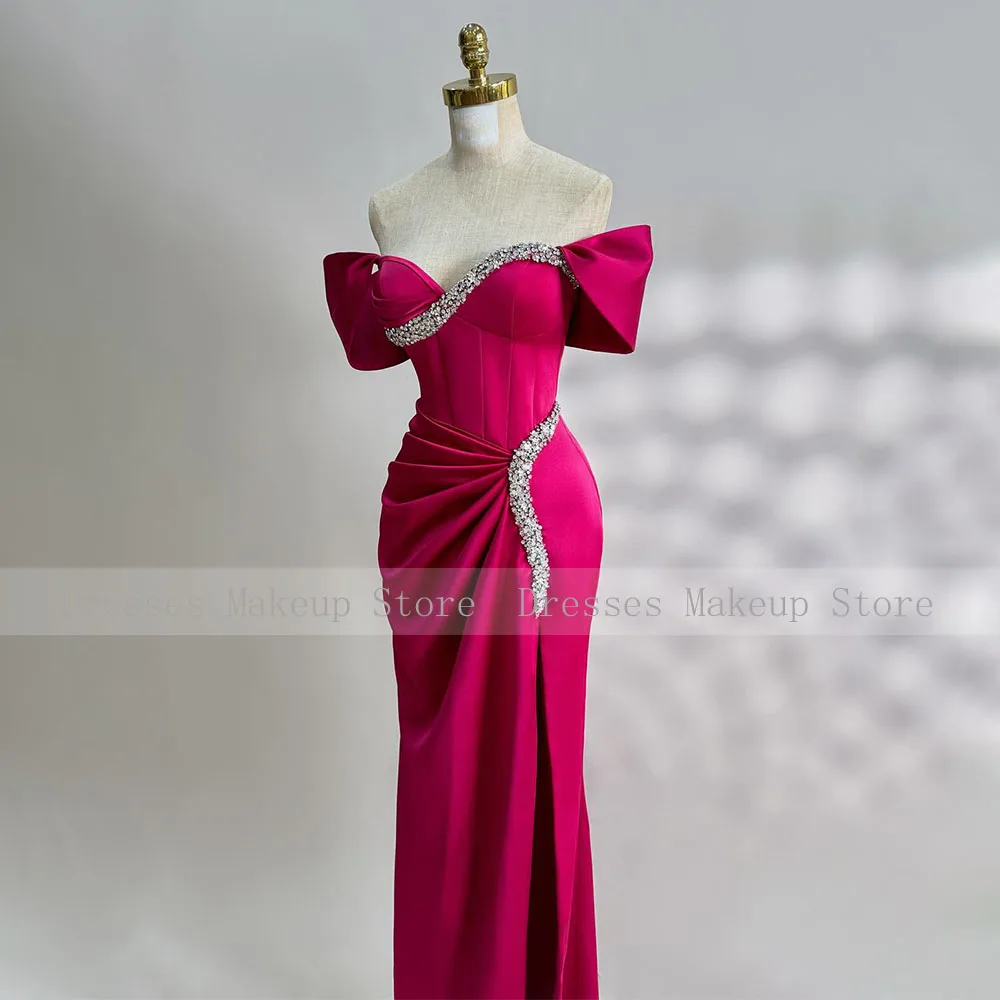 Fuchsia Prom Dress Off the Shoulder Crystals Sweetheart Column Prom Gowns for Women 2024 Floor Length Ruched Formal Party Dress