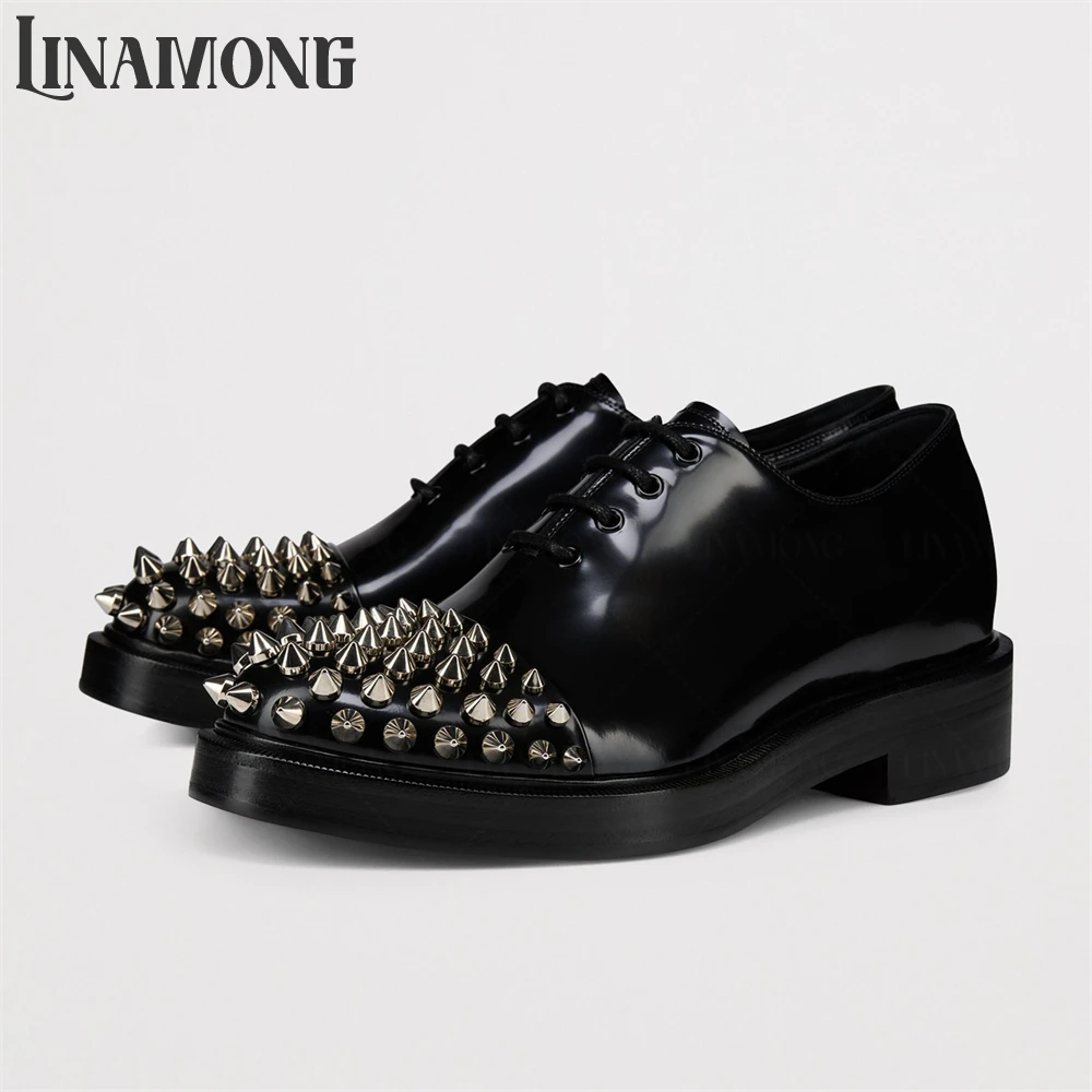 

Silver Rivet Black Patent Leather Oxfords Spike Studded Round Toe Leather Shoes Designer Style Lace-Up Handmade Casual Men Shoes