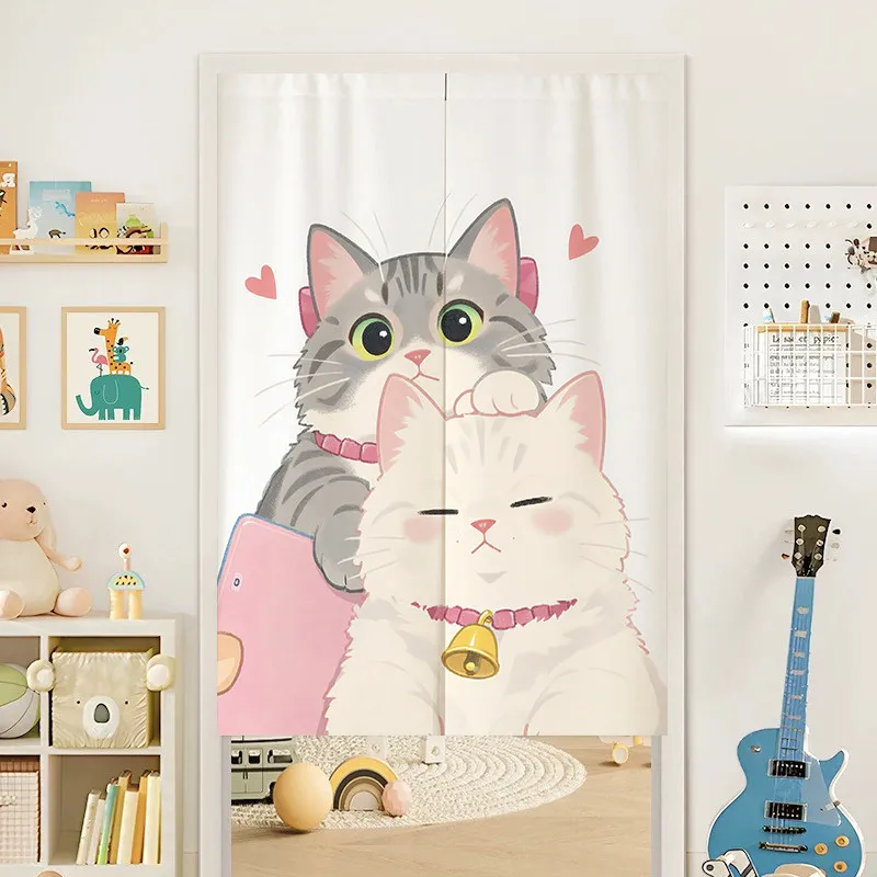 VIKAMA Couple Cats Noren Door Curtain Cute Kitten Print Hanging Curtain Kids Room Doorway Privacy Room Divider Decor