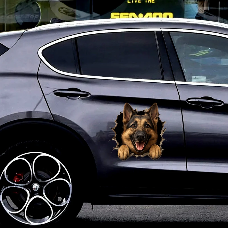 3D German Shepherd “Wall Break” Car Sticker – Realistic Funny Dog Decal for Cars, Windows, Laptops & Home Decor