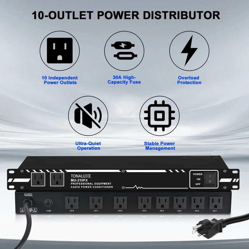 Fuluode 10-Channel Audio Power Sequencer 8×2 Dual-Channel High-Power Equipment Power Controller 10-Outlet Power Distributor