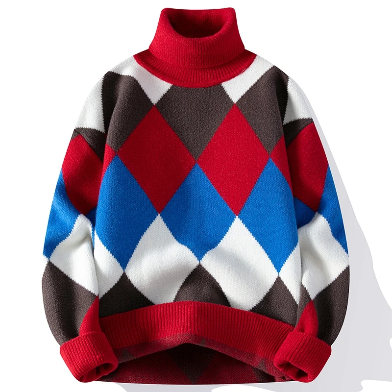 Men's High Neck Argyle Cashmere Turtleneck Sweater, Thick Pullover, Warm, High Neck, Christmas, New, Fall, Winter, 2024