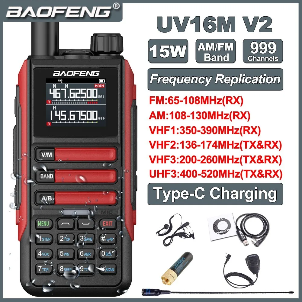 BaoFeng UV16M V2 Multi-band WalkieTalkie IP67 Wireless frequency replication USB-C Charger UV16 Long Range FM Radio Transceiver