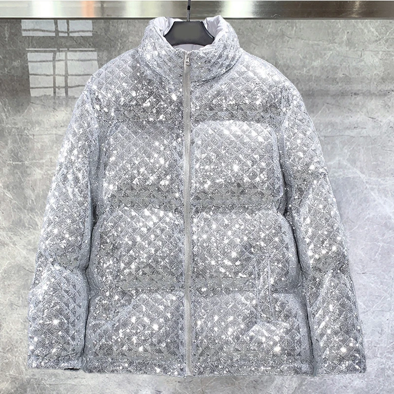 Men Fall Winter Stand Collar Sequined Jacket Korean Version Solid Color Loose Short Thickened Warm Men Parka Homme Snow Jacket