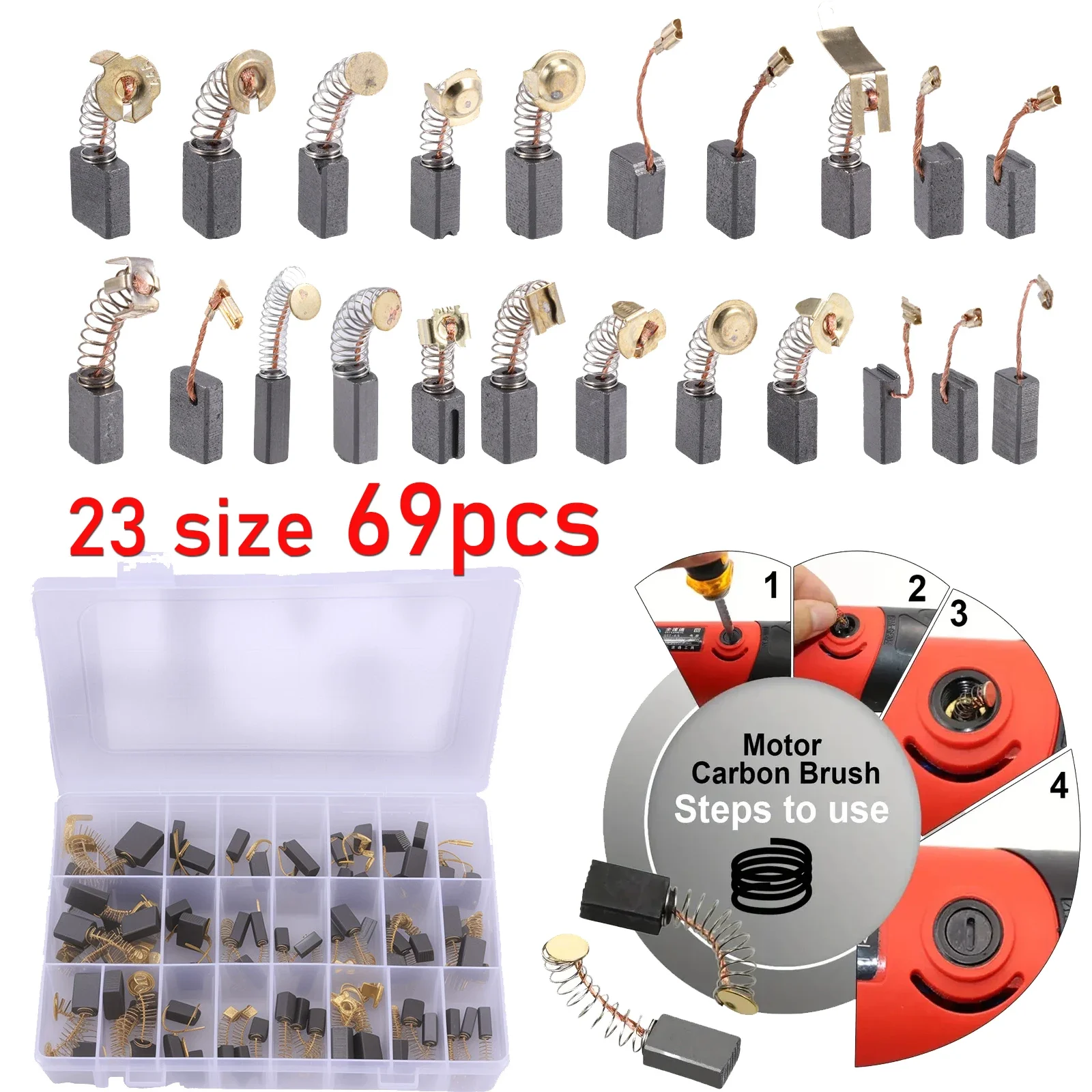 69PCS 23 Sizes Motor Carbon Brush Set Oxidation Copper Wire Non-Slip Grooves Carbon Brushes Replacement for Angle Grinder Hammer