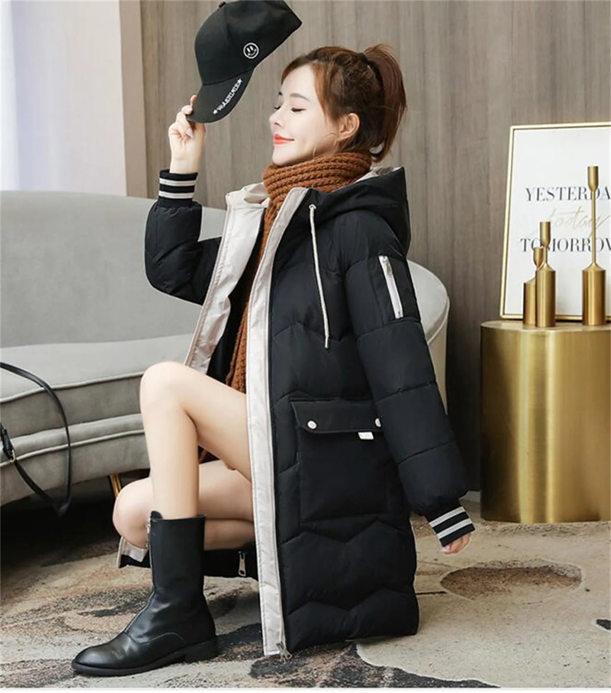 Women Winter Mid-length Quilted Coat Hooded Overcoat Thick Warm Jackets Contrast Pockets Fashion Parkas Casual Loose Down Jacket