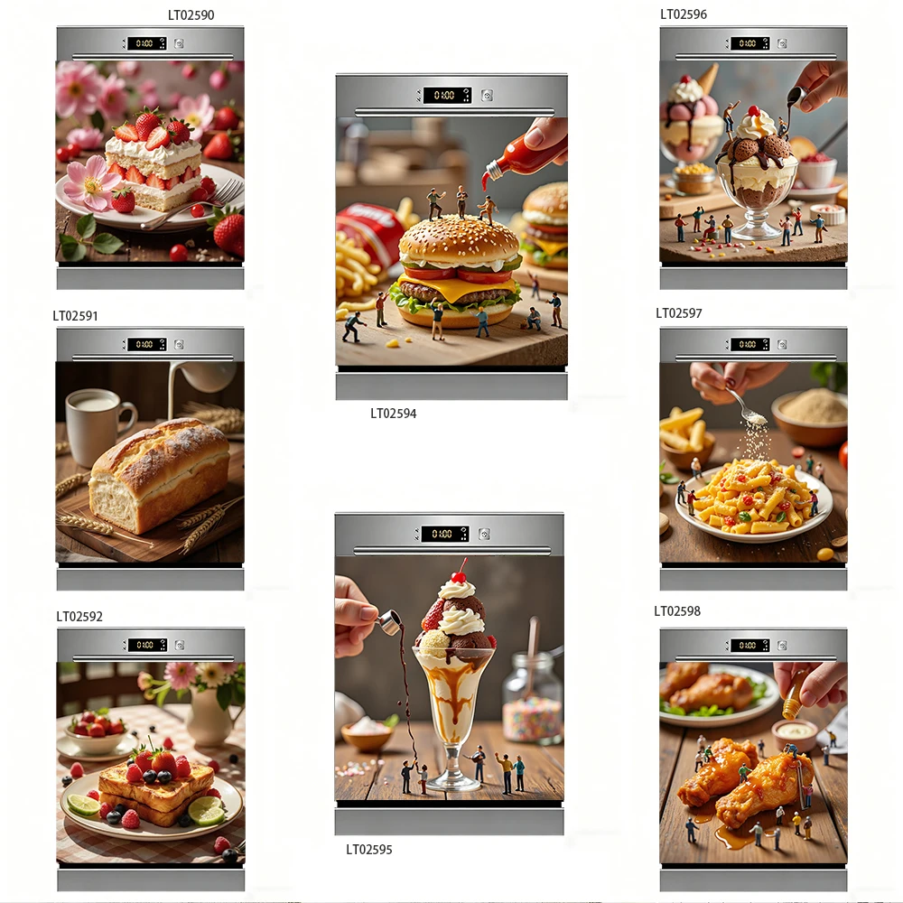 

Miniature Food Art Dishwasher Sticker, Funny Tiny People & Fast Food Design, Waterproof Kitchen Decor