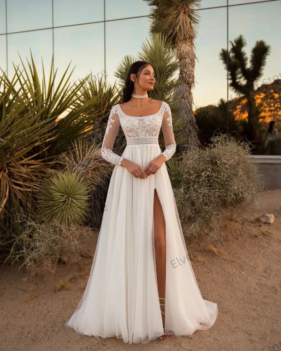 A-Linie Boho Brautkleider O-Ausschnitt Spitze Volle Ärmel Brautkleid Maßgeschneiderter Seitenschlitz Tüll Lange Frauen Vestidos De Novia