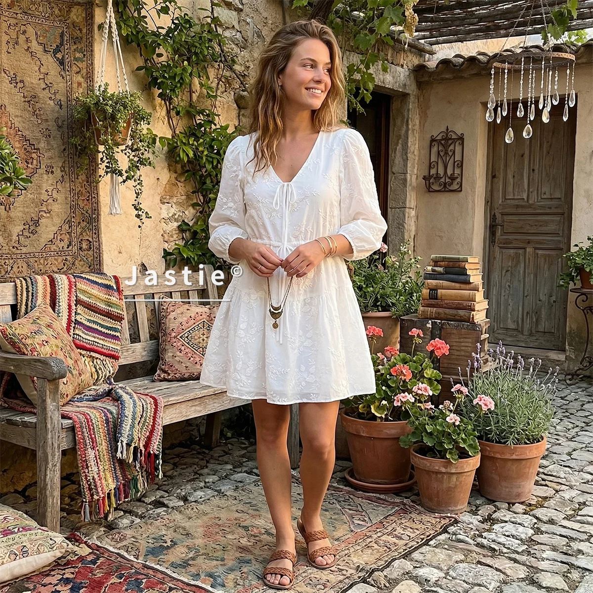 

Летнее французское винтажное белое платье с вышивкой и кружевом 2026 года, женское элегантное мини-платье с V-образным вырезом и завязками спереди, в стиле бохо-шик, фейрикор, Vestidos