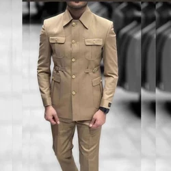 Tailor-made Men Suits Solid Color Single Breasted Stand Lapel Regular Length Elegant Blazer Safari Style 2 Piece Jacket Pants