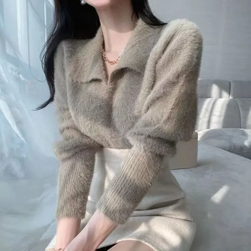 

Korean Elegant Solid Color Short Knitted Top Chic Polo Collar Long Sleeve Plush Sweater Casual Slim Fit Pullover Sweet Knitwear