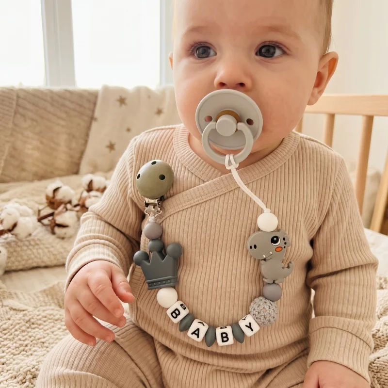 2026 Personalized Pacifier Clip Custom Name Silicone Beads Baby Teether Chain Holder Crown Soother Clips BPA Free Shower Gift