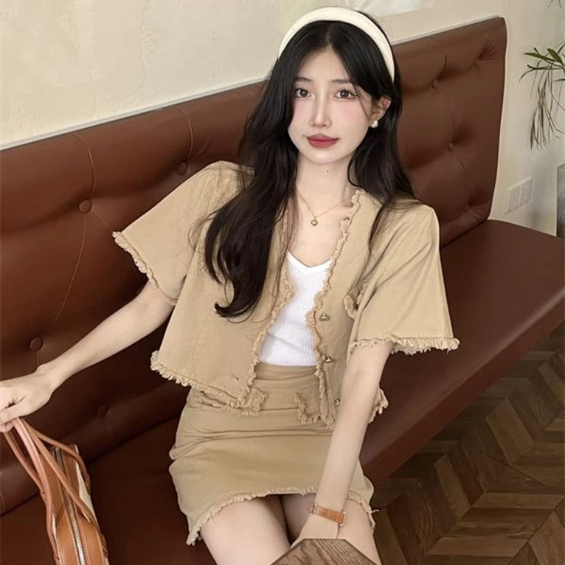 Short 2 Pieces Skirt Sets For Women Formal Event Y2k Street Wear Elegant Sleeve Casual Occasion Korea Mini Woman Outfit