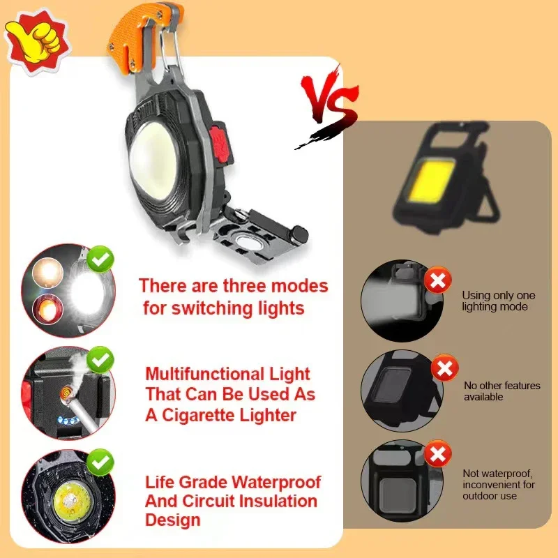 COB Keychain Work Light Flashlights, 7 Lighting Modes, Rechargeable Multi-Function Lights Seat Belt Cutter, Screwdriver, Whistle - Image 2
