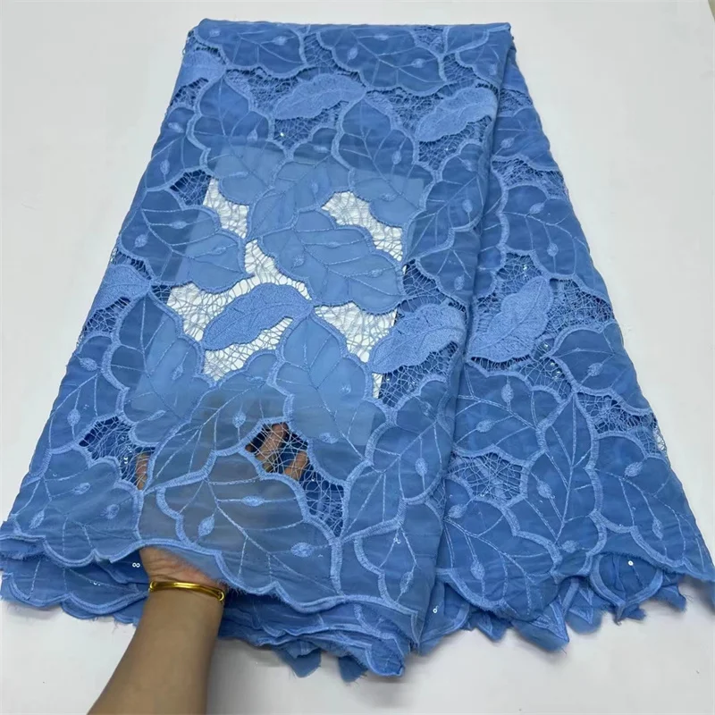 African Lace Fabric High Quality French Net Sequins Sew Embroidery Mesh Nigeria Lace Fabric For Woman\'s Dress Royal Blue 5 Yards