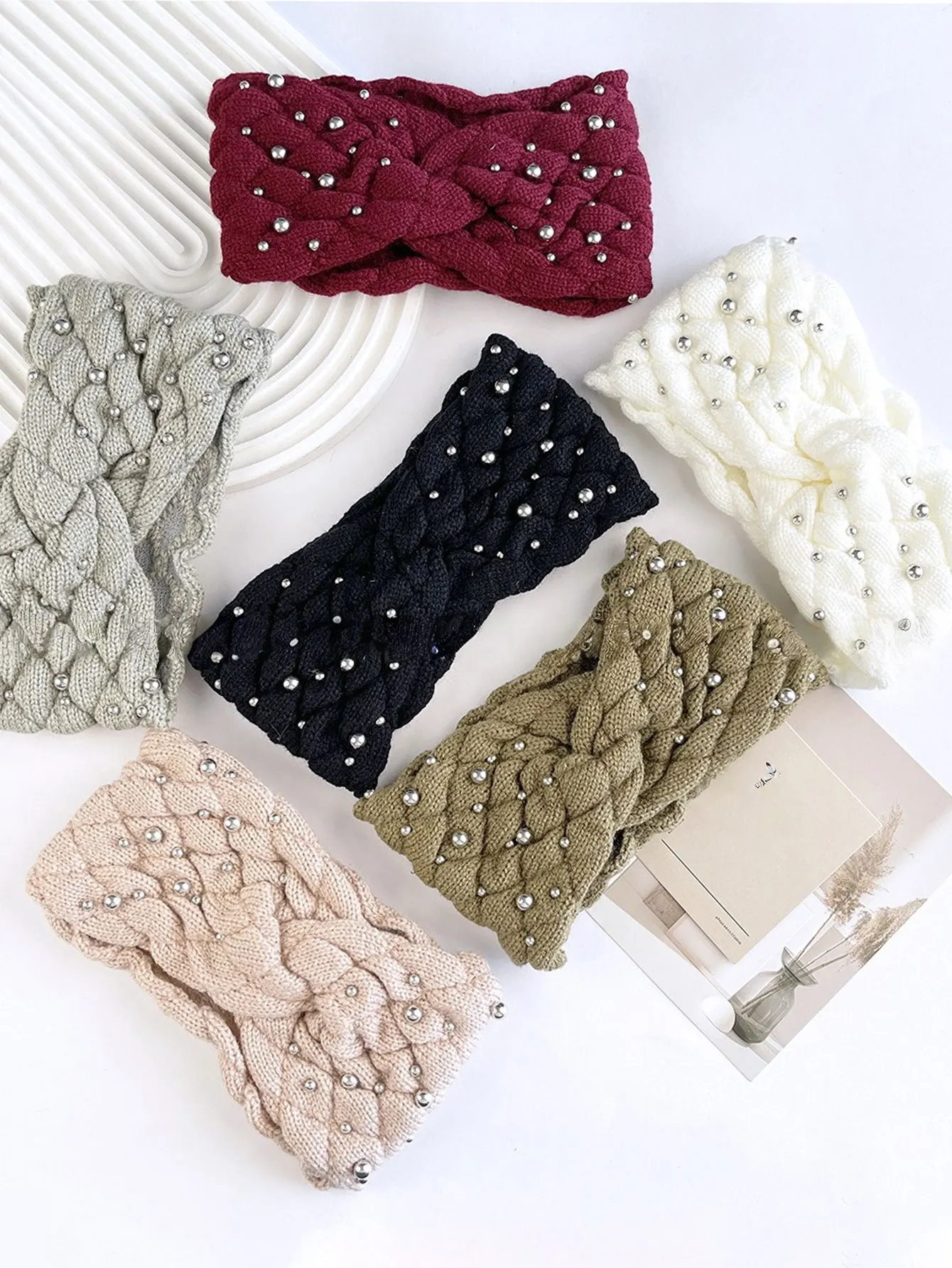 Fashion nail bead autumn and winter cold resistant warm knitted headband, ear protection headband, outdoor versatile