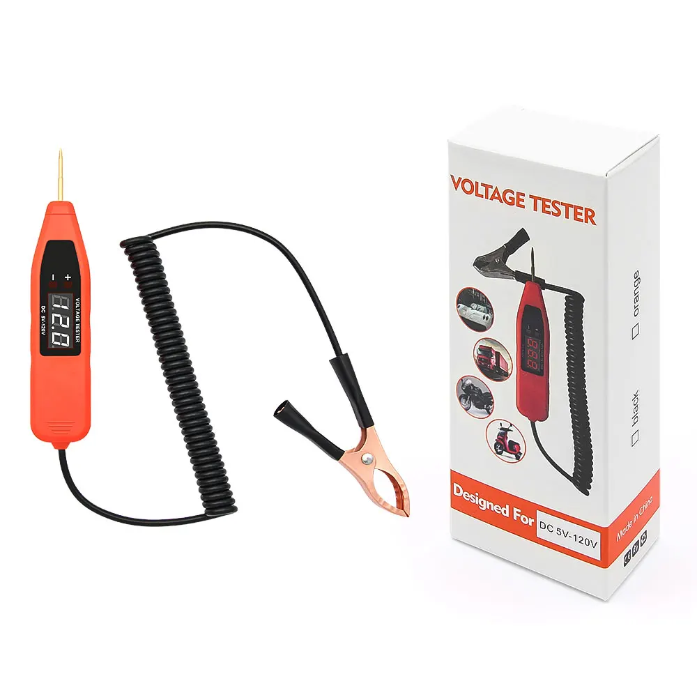 

5-120V Digital Display Automotive Circuit Voltage Tester Pure Copper Probe Tinned Clip Spring Wire Positive/Negative Detection