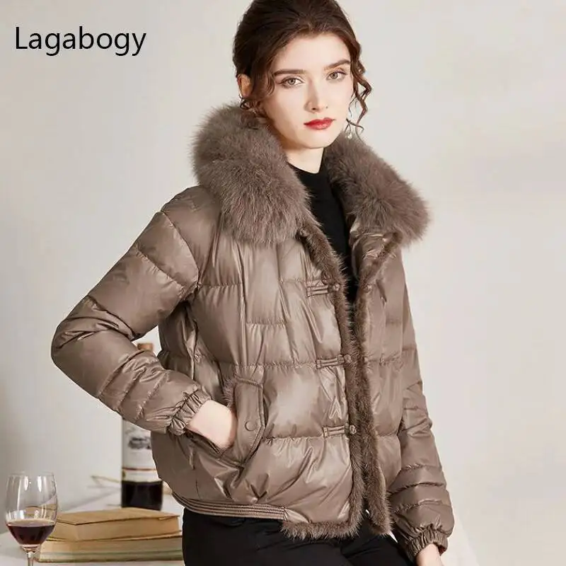 Lagabogy 2025 Vera Pelliccia di Volpe Collo di Inverno Delle Donne 90% Piumino D'anatra Bianca Della Signora Breve Caldo Piumino Cappotto Femminile Allentato Vintage Parka