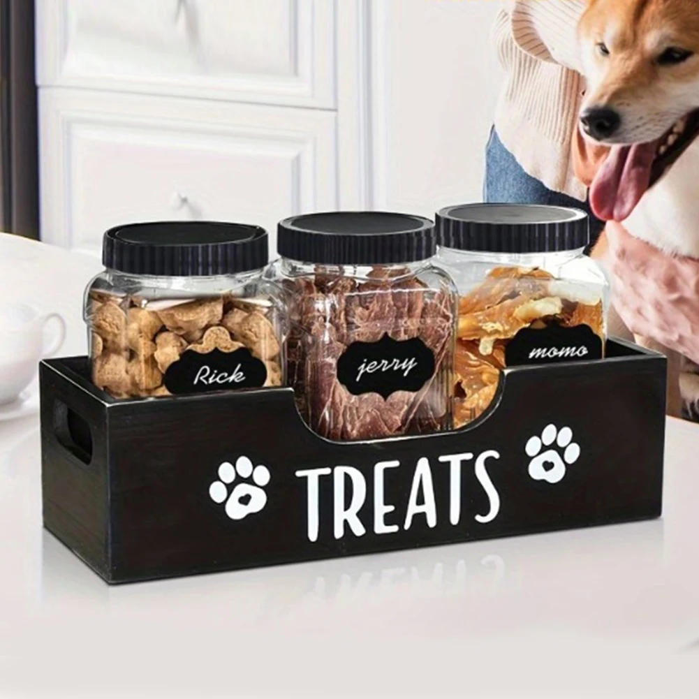 

Wooden Pet Snack Storage Box with 3 Plastic Treat Jar Dog Treat Container Airtight Dog Treat Bin for Pet Gift Supply Accessories