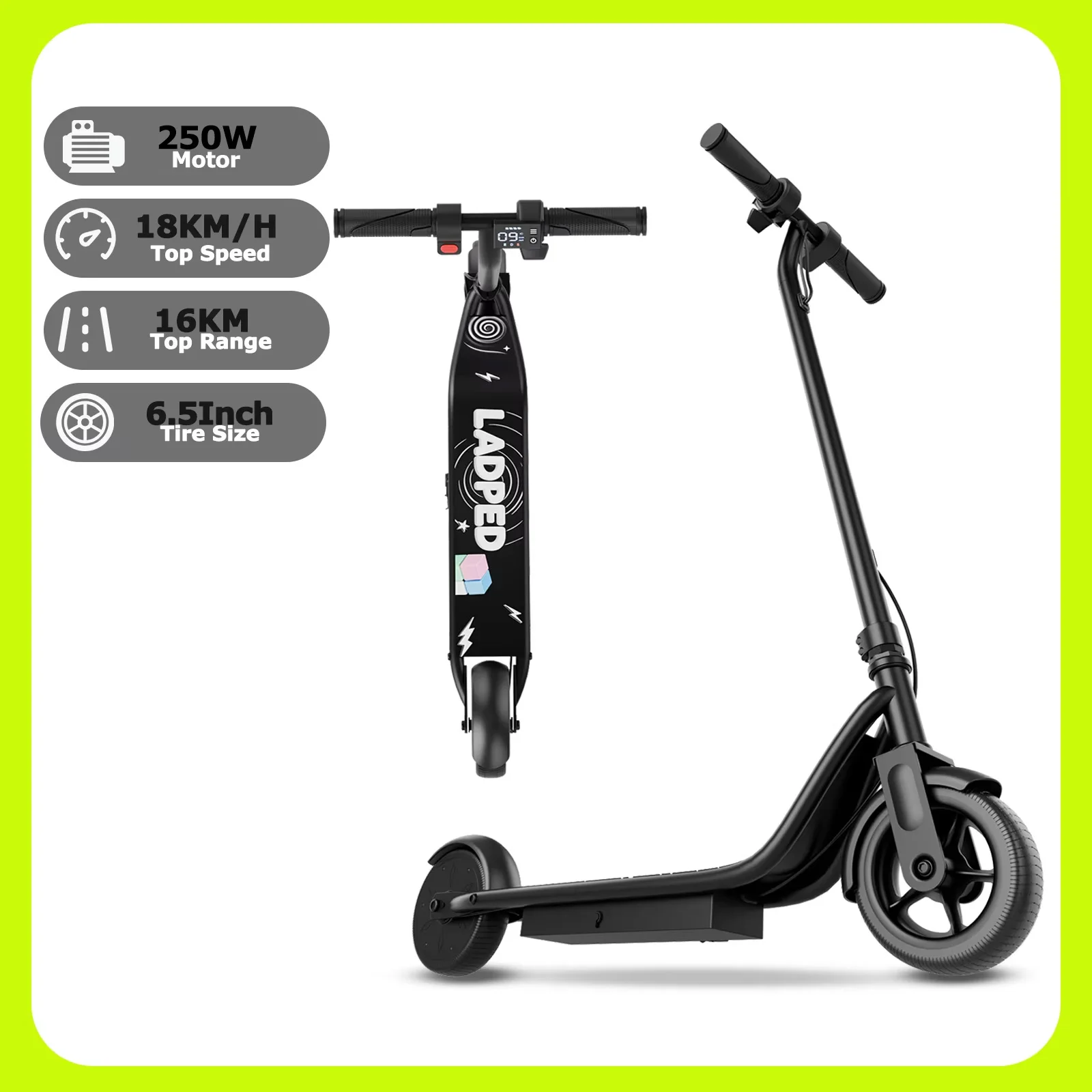2026 Nieuwe ATSANT LB65 Kinder Elektrische Scooter 250W Piekmotor 18KM/H 16KM Bereik Opvouwbaar LED Scherm Kleurrijk Licht EScooter