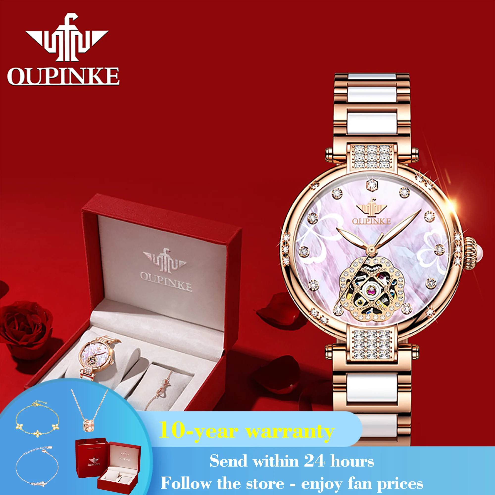 OUPINKE 3183 Original Hollow Mechanical Watch For Women Luxury Ceramic Steel Strap Wristwatch Diamond Business Ladies Watches