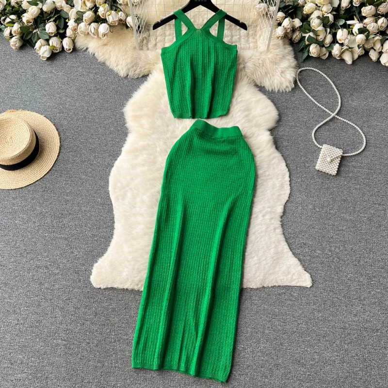 Shining blingbling Summer Women Knit Two Piece Sets Sexy Spaghetti Strap Short Crop Top+ Elastic Long SKirt Solid Women Suits