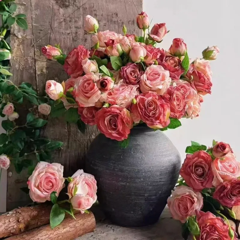 Artificial Flowers Rose French Single Stem Fake Flower Bouquet Retro Home Living Room Decor Shooting Prop Tabletop Ornament