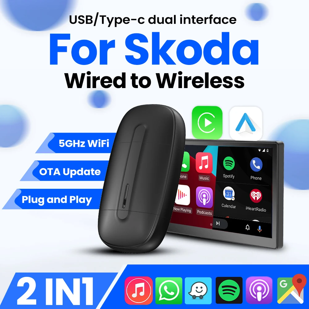 Carplay Wireles Android Auto USB Type-c Plug and Play Bluetooth Smart Dongle For Skoda Yeti Fabia Octavia Rapid Superb Karoq