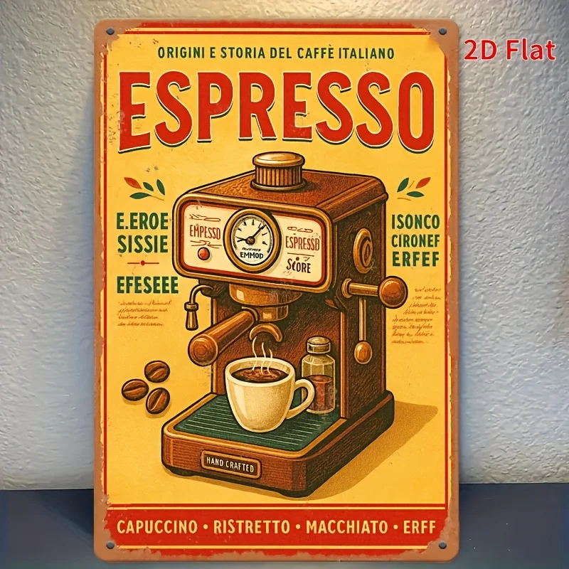 A vintage Italian espresso-themed metal sign, featuring words such as 