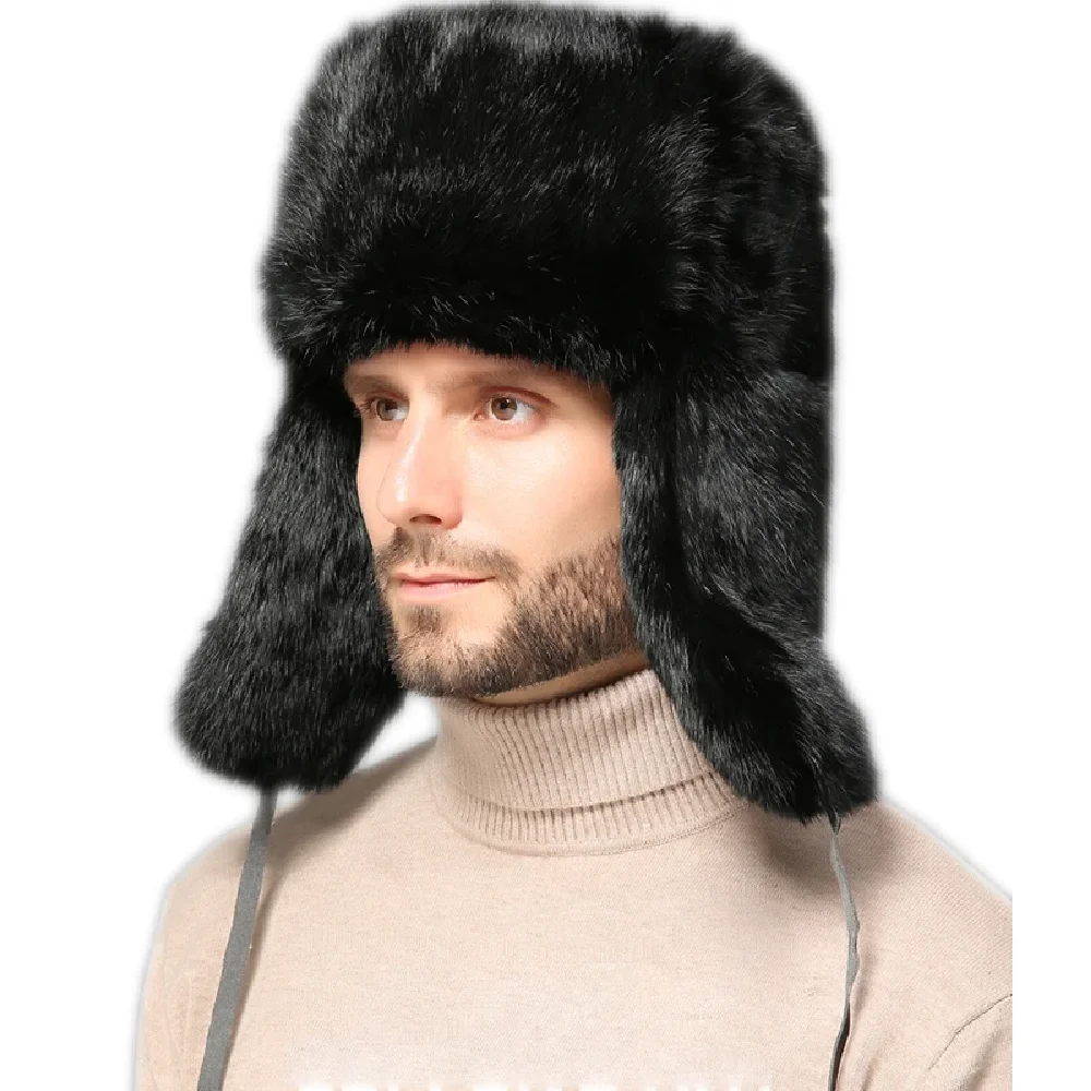 Men Winter Fur Bomber Hat Real Rabbit Fur Flying Cap Outdoor Warm Russian Hat Hand-made Fluffy Soft Black Brown Grey