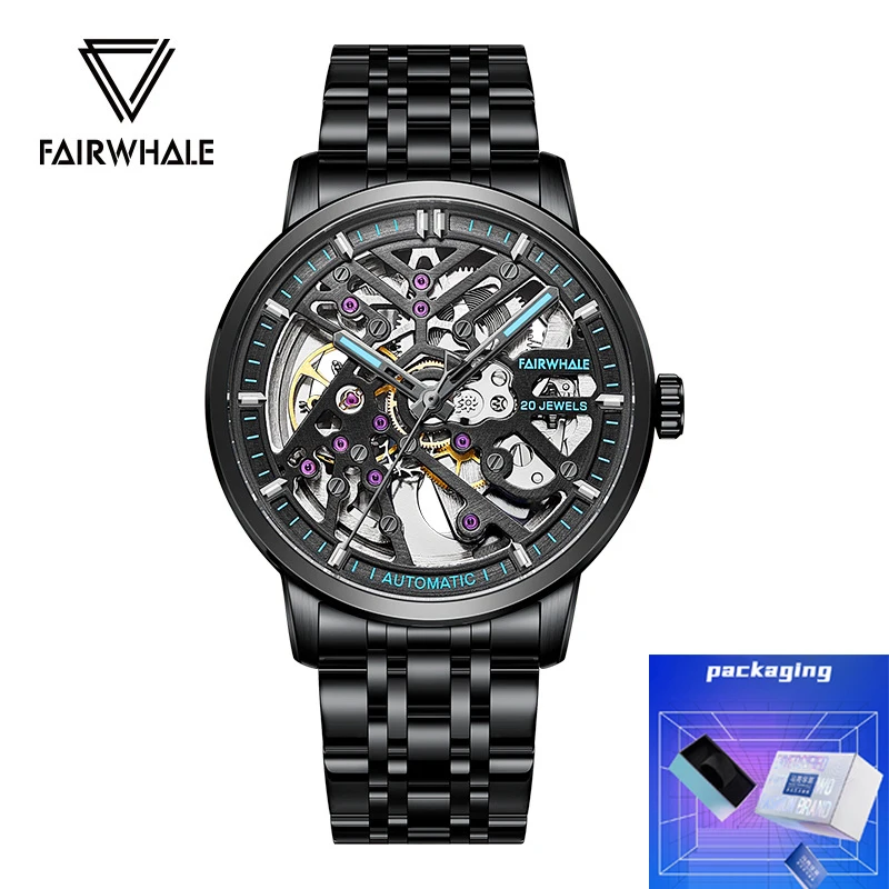 Mark Fairwhale Automatic Movement Fashion Black Steel Skeleton Watch Luminous Waterproof Mechanical Watches for Men Reloj Hombre