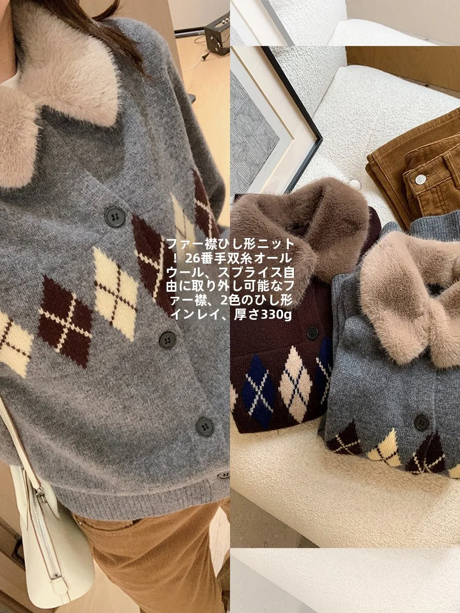 

Утепленный шерстяной вязаный свитер с ромбовидным узором, большим воротником, двухцветными вставками и цветочным декором, повседневное женское зимнее пальто