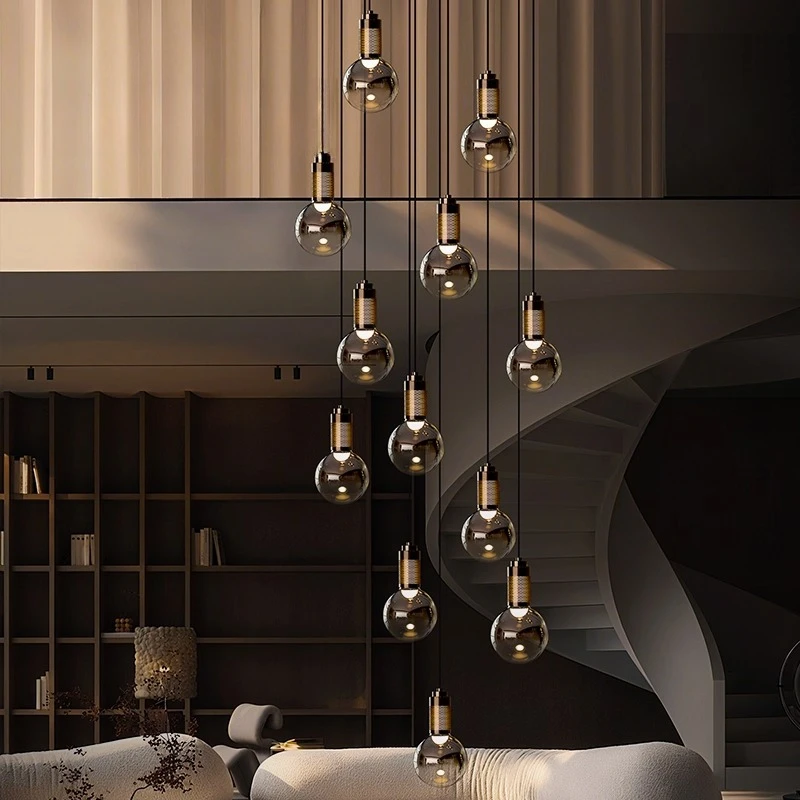 

Starry sky stairs long chandelier empty modern simple villa living room hollow duplex rotating glass chandelier