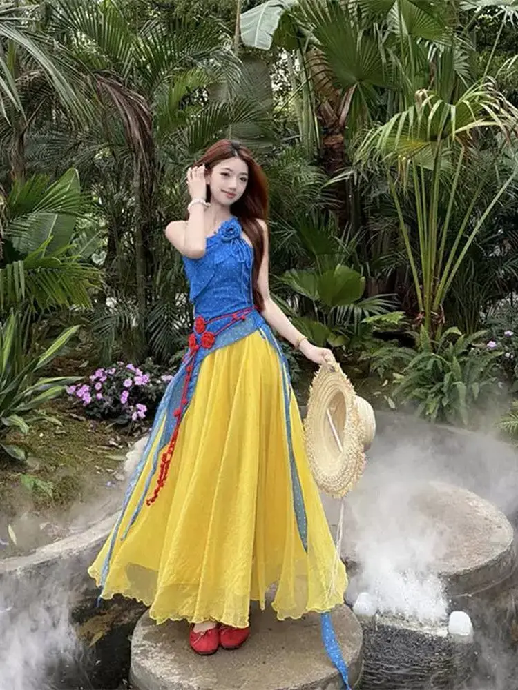 Dopamine Ruffle Sleeveless Vest Summer Outerwear Women's Holiday Style Top And High Waist Skirt Two Piece Set Slimming Effect