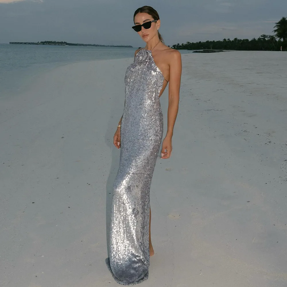 GORAFASHION 2024 New Silver Sequin Dress Senior Sense Light Luxury Evening Dress Bride Toast Dress Sexy Backless Dress