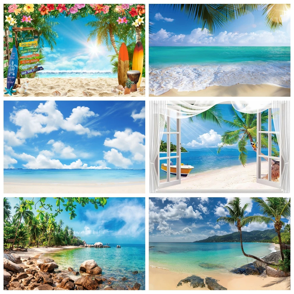 Summer Beach Seaside Backdrop for Photography Blue Ocean Hawaii Tropical Palm Tree Baby Birthday Holiday Party Photo Background