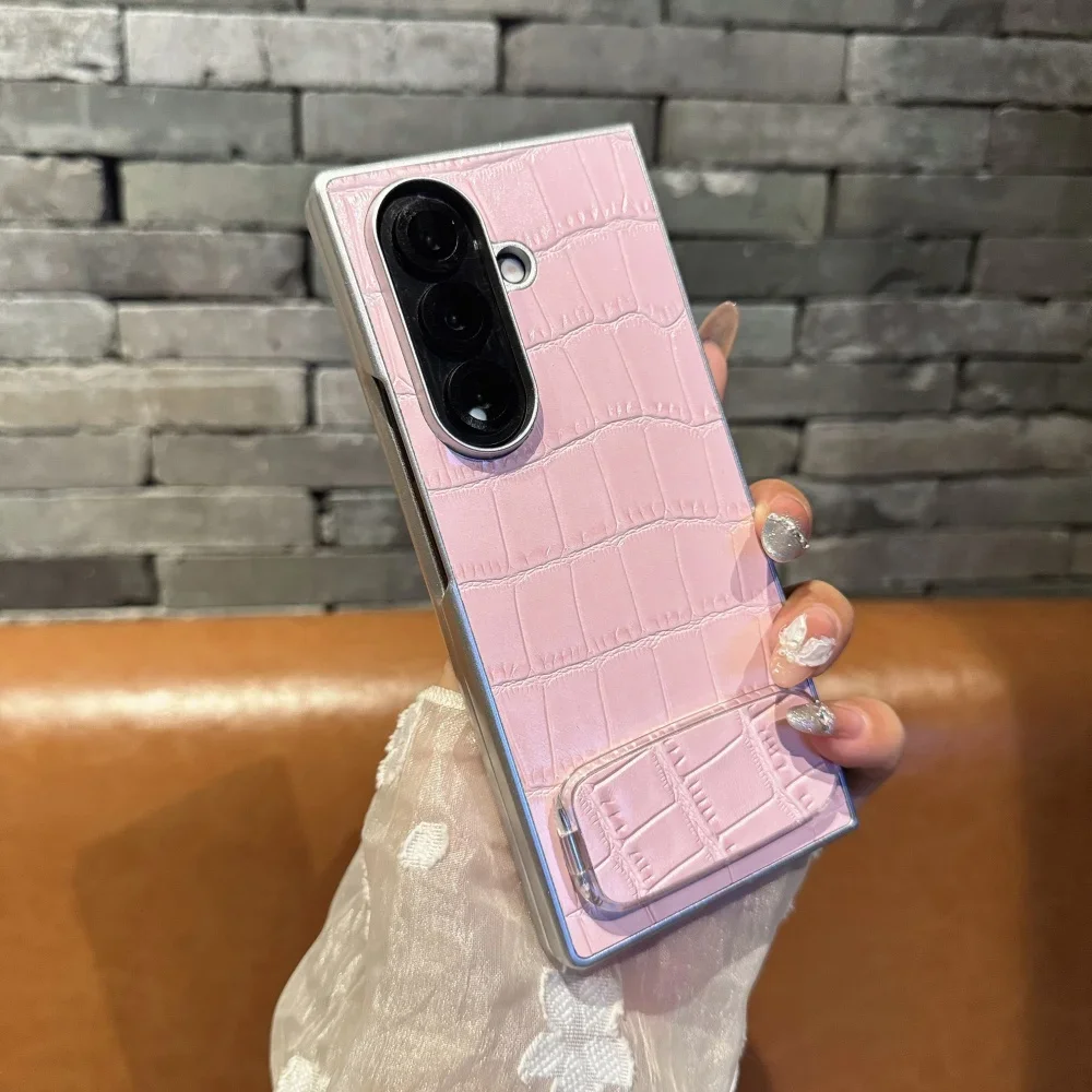 

Чехол для телефона из искусственной кожи с узором крокодиловой кожи для Samsung Galaxy Z Fold 7, 6, 5, 4, 3, Fold7, модный невидимый чехол с зеркалом для макияжа и кронштейном