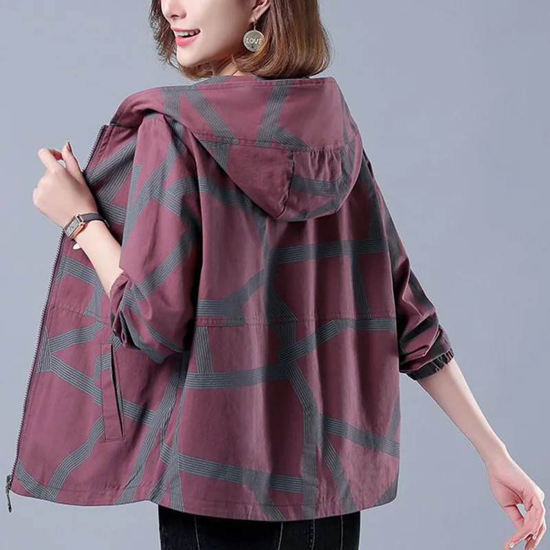 Fashion Hooded Zipper Pockets Loose Printed Casual Coats Women\'s Clothing 2023 Autumn New All-match Tops Commute Jackets