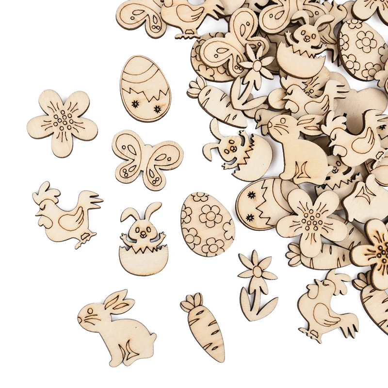 50/100 Stück Ostern Holzhandwerk Ornament Kaninchen Eier Kinder Malerei DIY Holzscheibe 2025, Frühling Ostern Party Home Tischdekoration – Detail 7