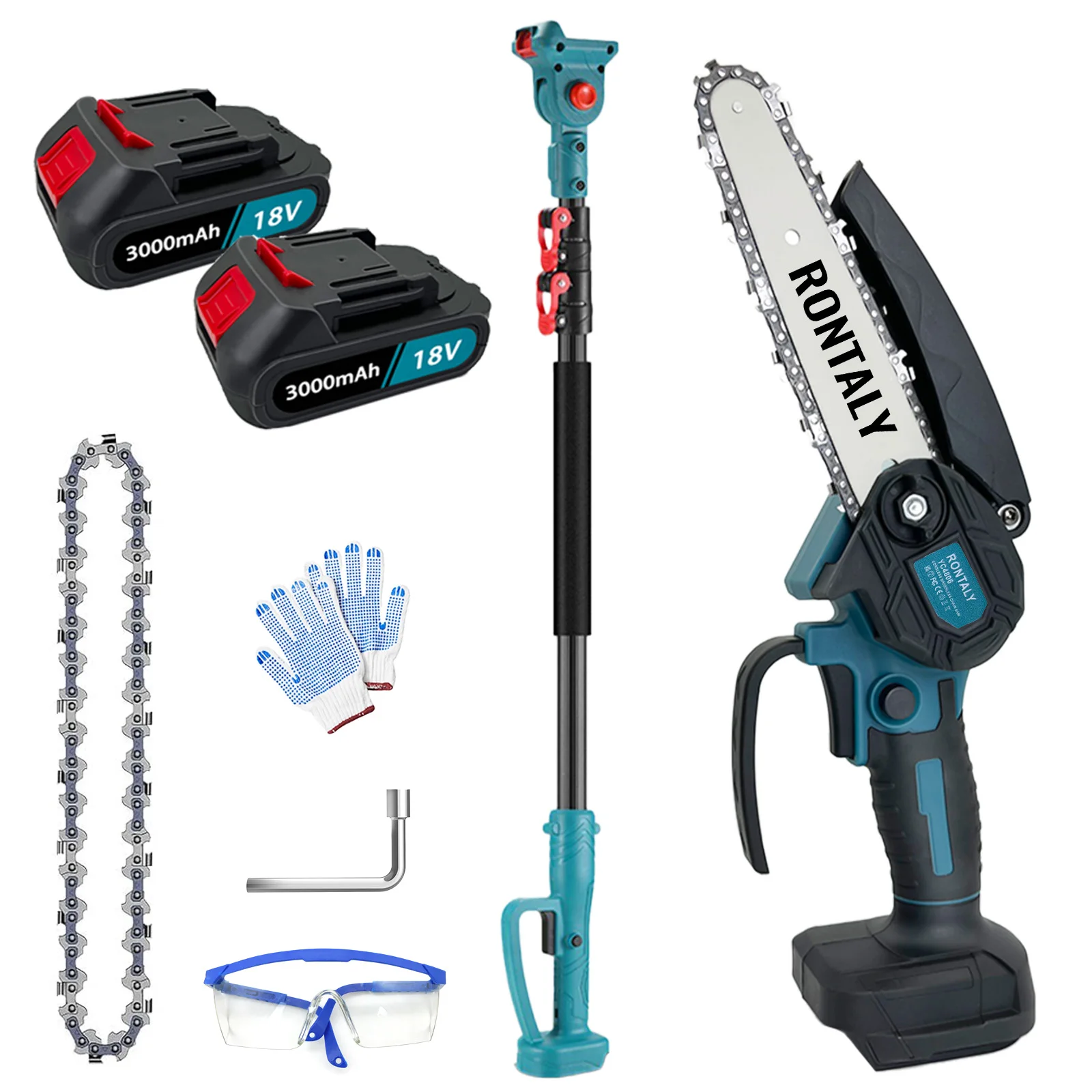 Cordless Pole Saw & Mini Chainsaw Set, Extension Pole Compatible for Chainsaws.Wrench *1 Battery & Chain *2, Gloves & Goggles