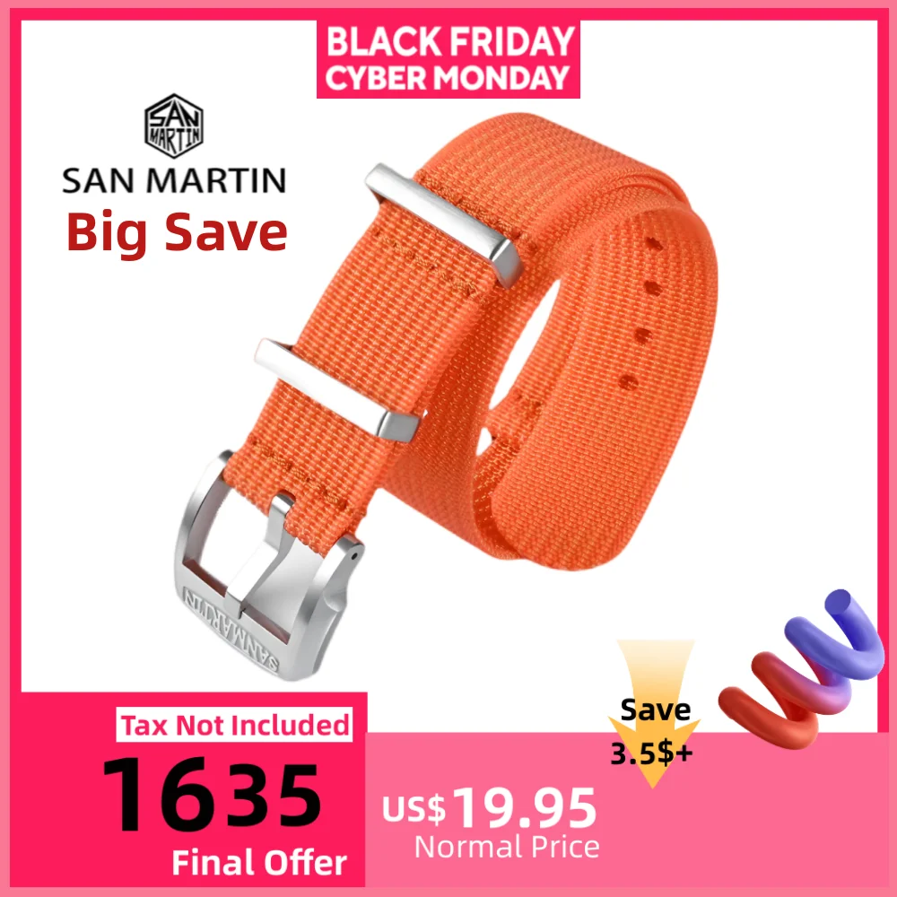 

Нейлоновый ремешок San Martin для часов, армейский спортивный ремешок для часов 20 мм 22 мм, тканая пряжка из нержавеющей стали 316L Correas BD0009