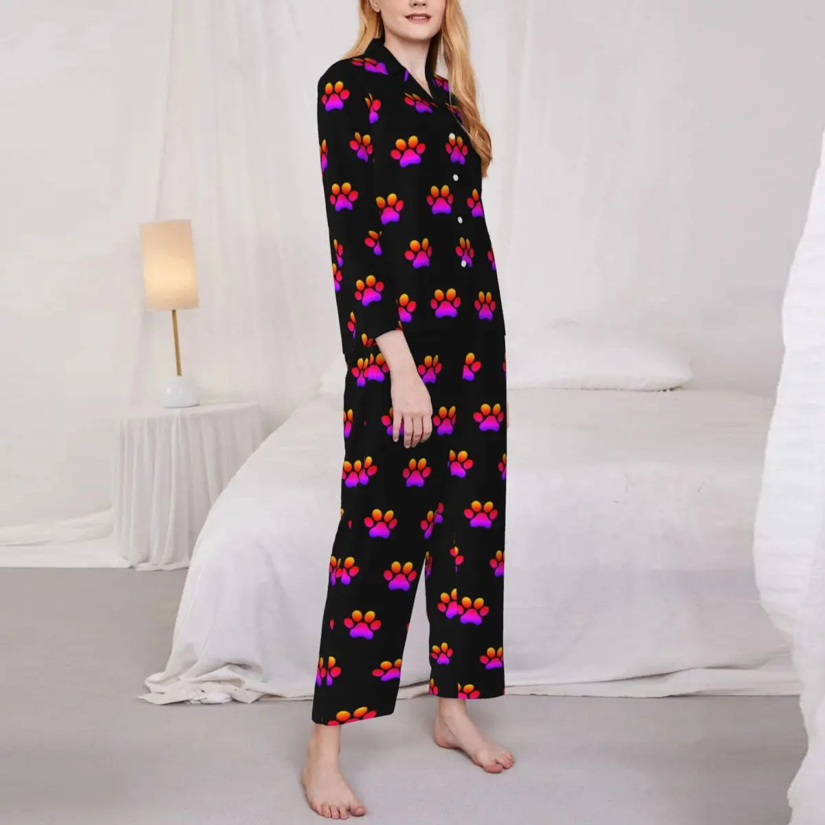 Neon Dog Paws Pajamas Set Spring Cute Animal Romantic Night Sleepwear Woman 2 Pieces Casual Oversized Custom Nightwear Gift