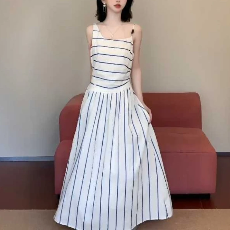 

Chic Splicing Vertical Stripe Suspender Dress Women's Summer New Niche Design Waist Long Dress