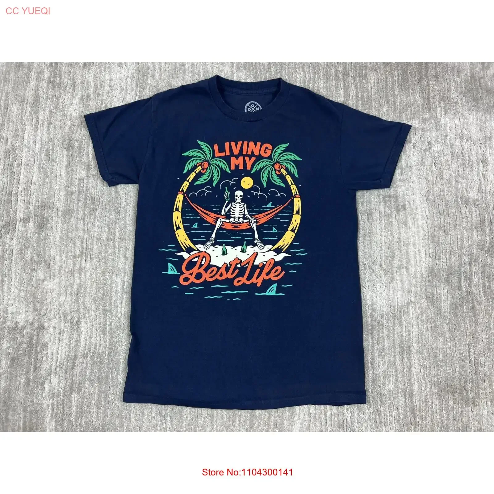 DOM T Shirt Mens Small Blue Living my Best Life Skeleton Tropical Hammock vintage Washed designer clothes fashion