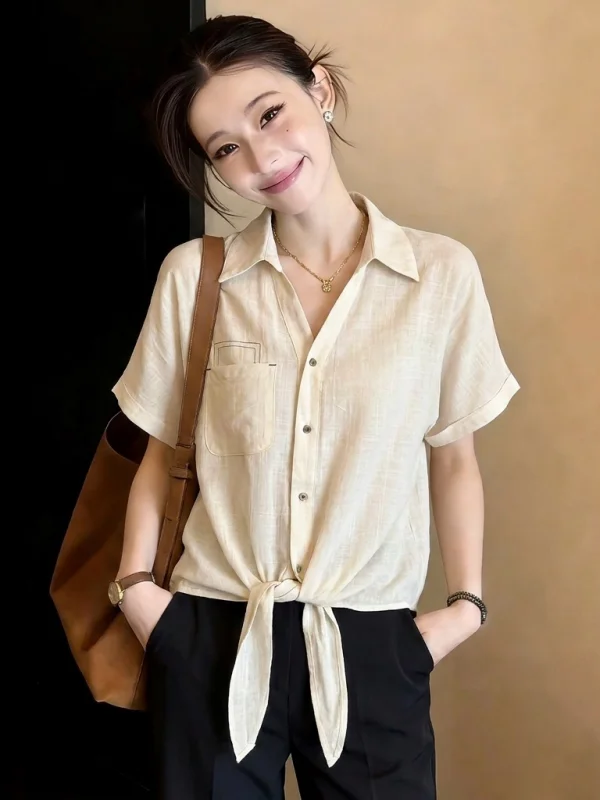 

Slim Fit Short Sleeve V-Neck Shirt Women's Korean Style Commute Fashion plus Size Waist-Cinching Summer New Arrival