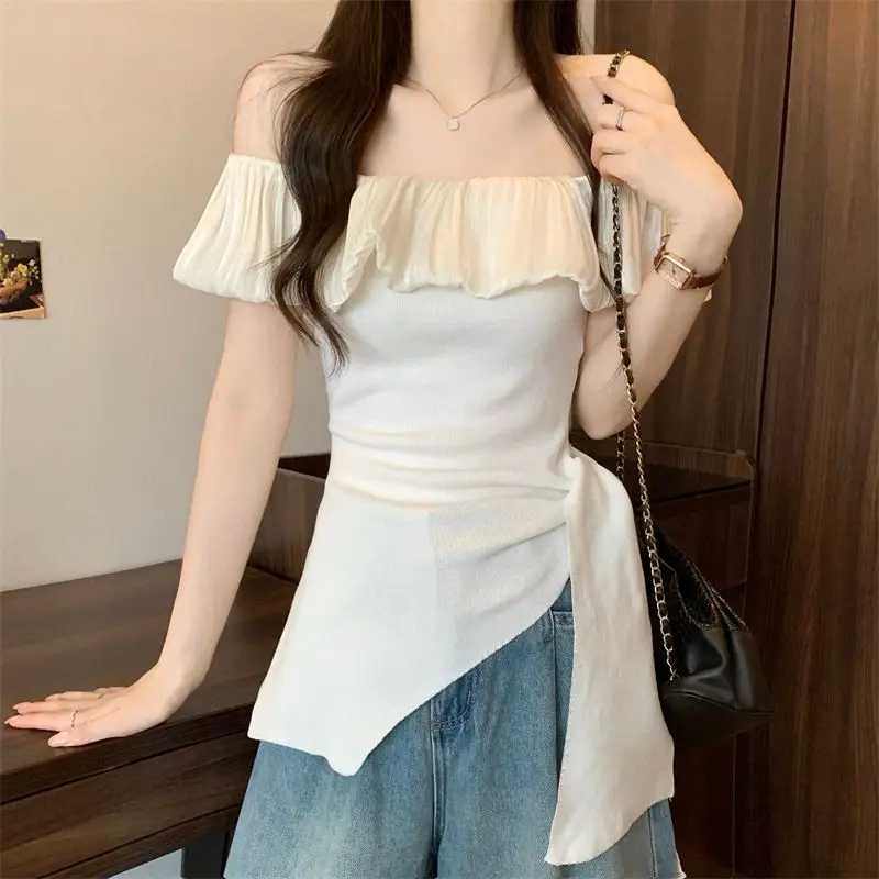 Women's Purple And White Off Shoulder Top Ruffle Trim Asymmetric Hem Sleeveless Blouse
