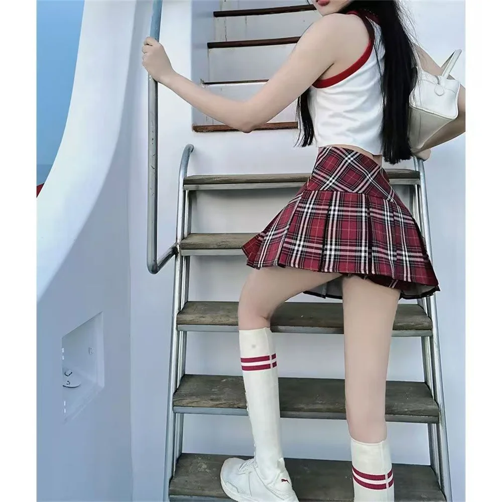 Trendy Red Plaid Pleated Skirt Women High Waist A-Line Mini Skirt Fashion Checker Skirt Y2K Kawaii Harajuku Style Street Fashion