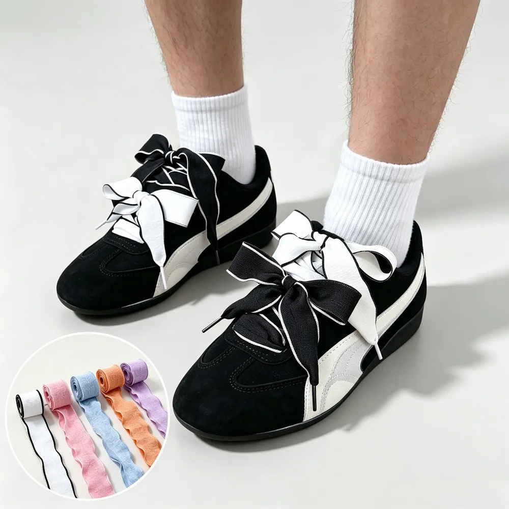 1 Pair 2.5cm Wide Ruffled Ribbon Shoelaces for Sneakers, Satin Candy Color Laces for Sneakers & Flats, Princess Shoe Laces
